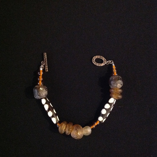 African Amber Glass Trade Beads Bone Bracelet