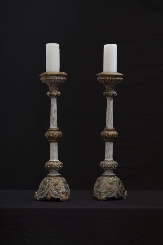 Pair Tall Carved Wood Candle Sticks