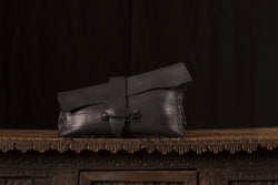 Large Black Clutch Thick Leather Belted Fringed