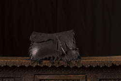 Large Black Clutch Thick Leather Fringed